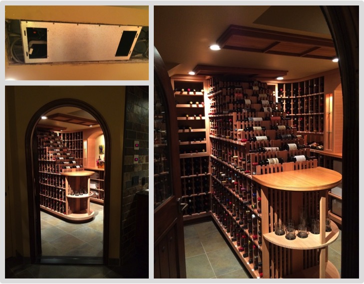 Working in the posh town of Bel Air, Wine Cellar Cooling Services Miami installed a split system refrigeration unit to this waterfall wine racked wine cellar.